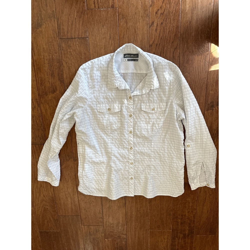 Eddie‎ Bauer Travex Womens XL White Grey Grid Button Down Roll Tab Hiking Shirt